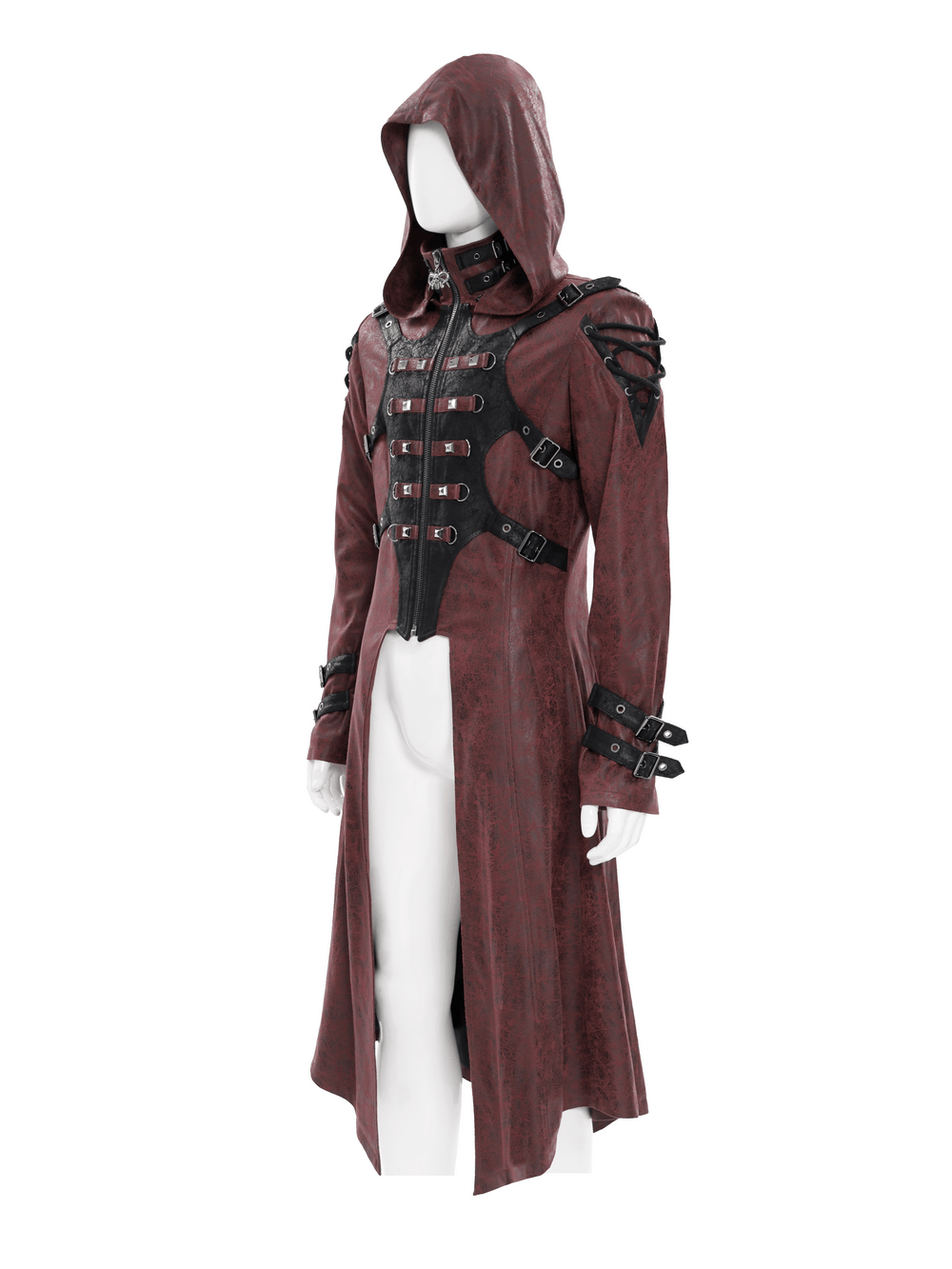 Goth Hooded Long Coat with Buckle Harness Details for Men showcased on a mannequin, highlighting its stunning design and details.