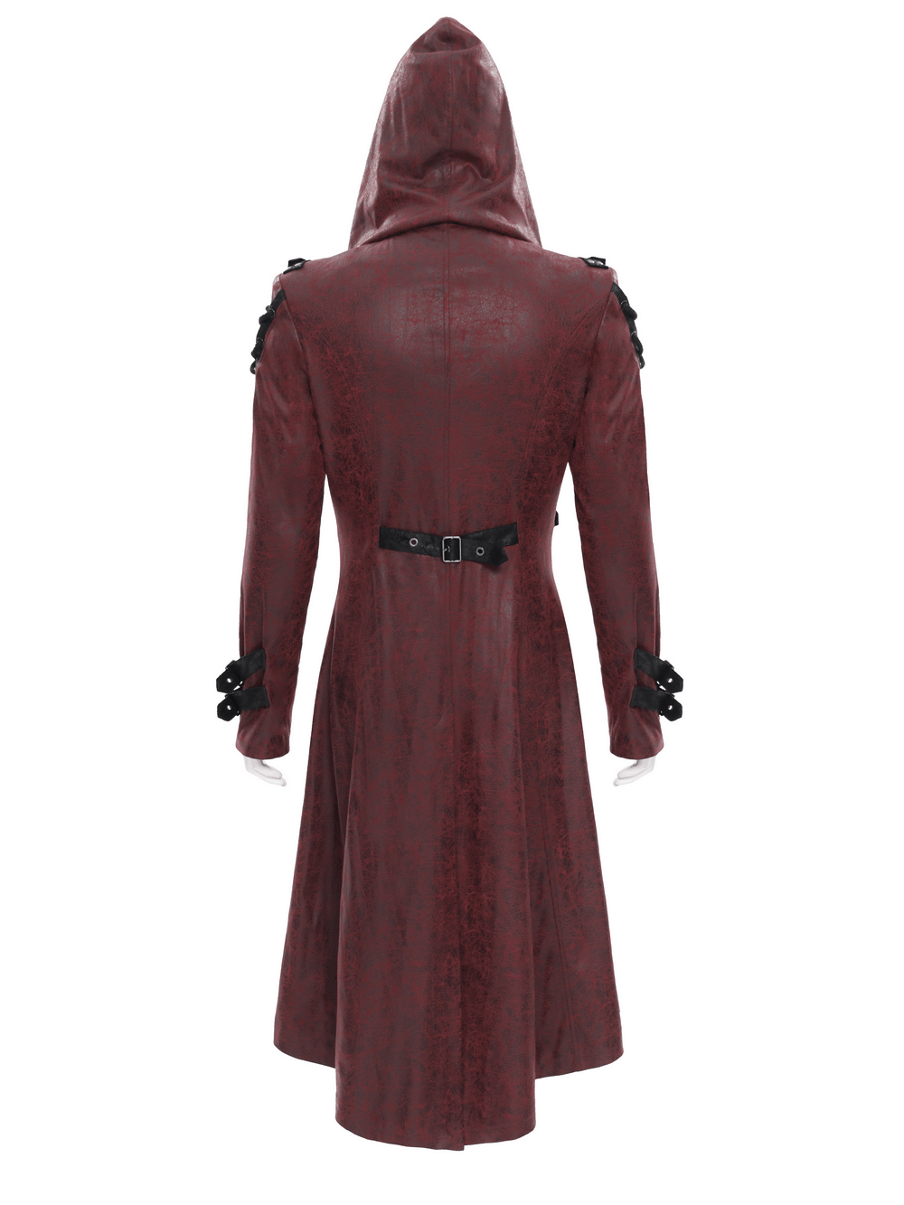 Goth Hooded Long Coat with Buckle Harness Details for Men, showcasing the back view with a dramatic hood and stylish details.