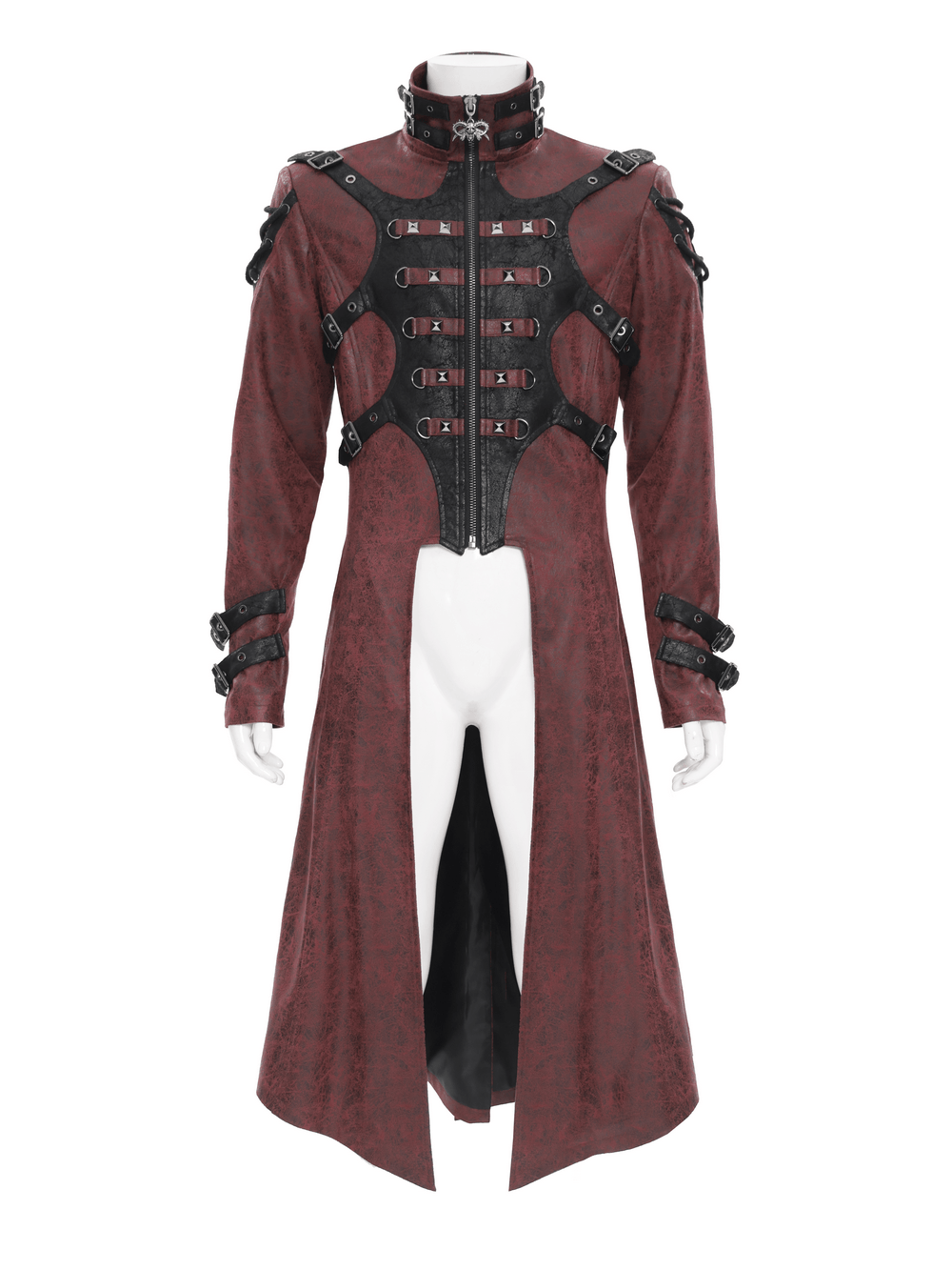 Goth Hooded Long Coat with Buckle Harness Details for Men featuring a striking red color and corset strap design.