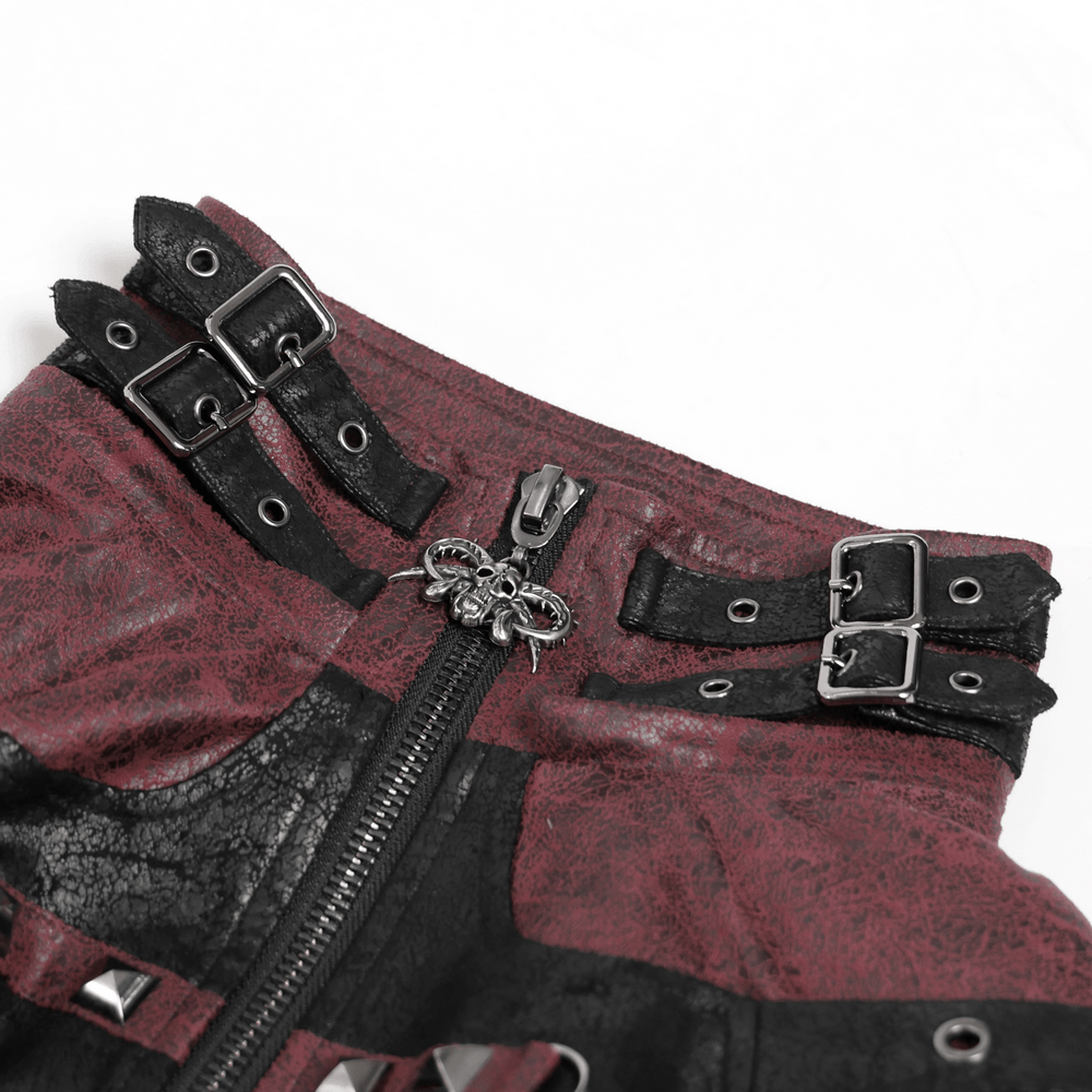 Goth Hooded Long Coat with Buckle Harness Details for Men showcasing buckle straps and zipper details.