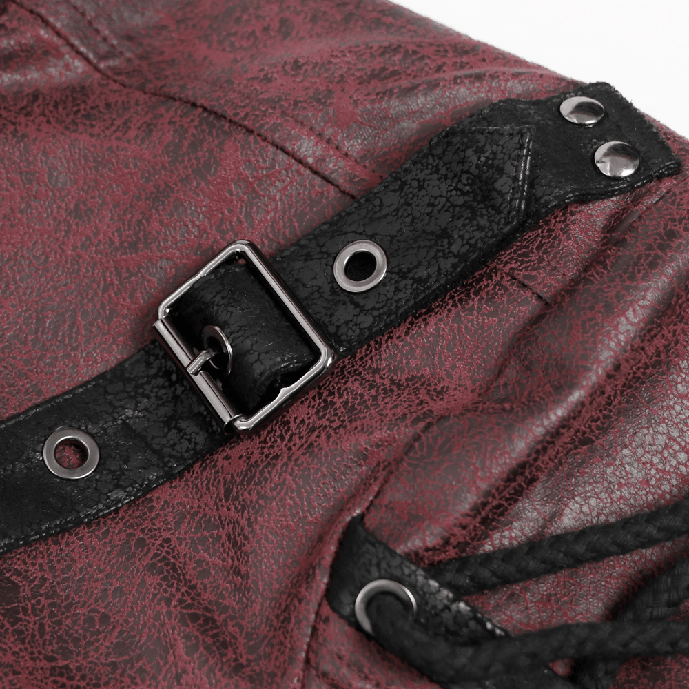 Goth Hooded Long Coat with Buckle Harness Details for Men close-up of buckle and strap details.