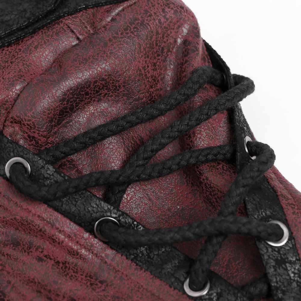 Goth Hooded Long Coat with Buckle Harness Details for Men featuring intricate lacing and texture close-up.