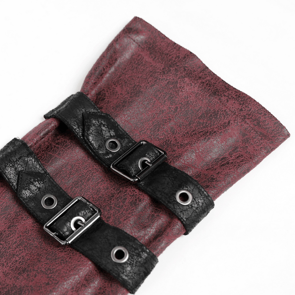 Goth Hooded Long Coat with Buckle Harness Details for Men close-up of black buckle straps and burgundy fabric