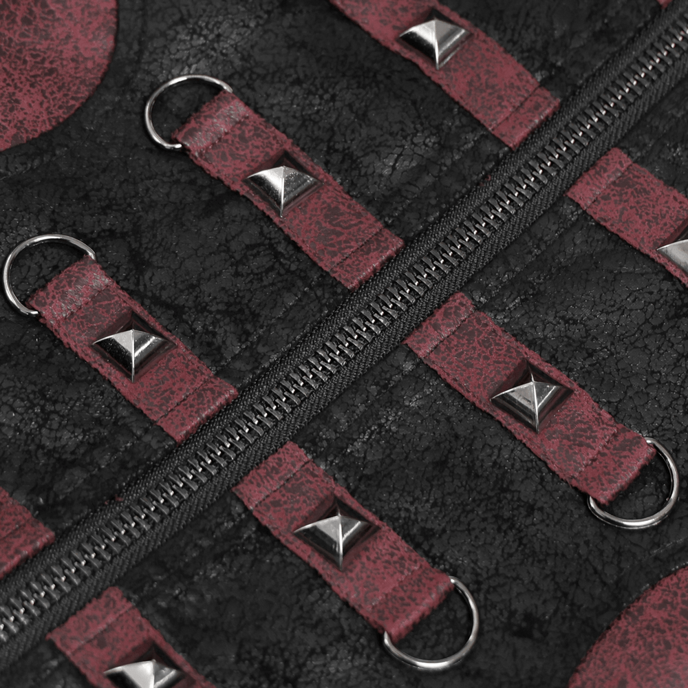 Close-up view of the Goth Hooded Long Coat with Buckle Harness Details for Men, showcasing buckle straps and metal rings.