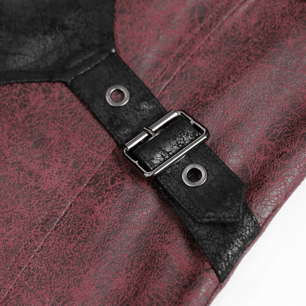 Goth Hooded Long Coat with Buckle Harness Details for Men - Close-up of buckle strap and texture detail.