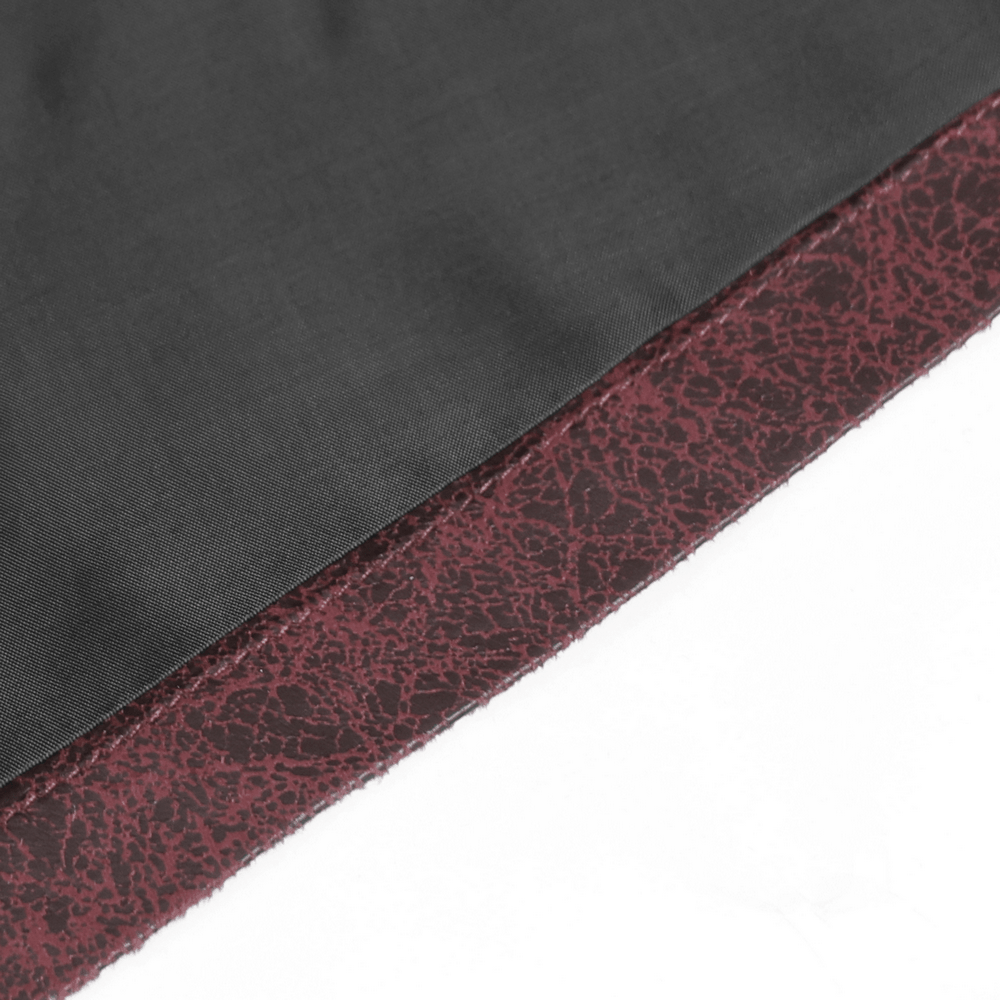 Close-up of Goth Hooded Long Coat with Buckle Harness Details for Men featuring textured burgundy fabric.