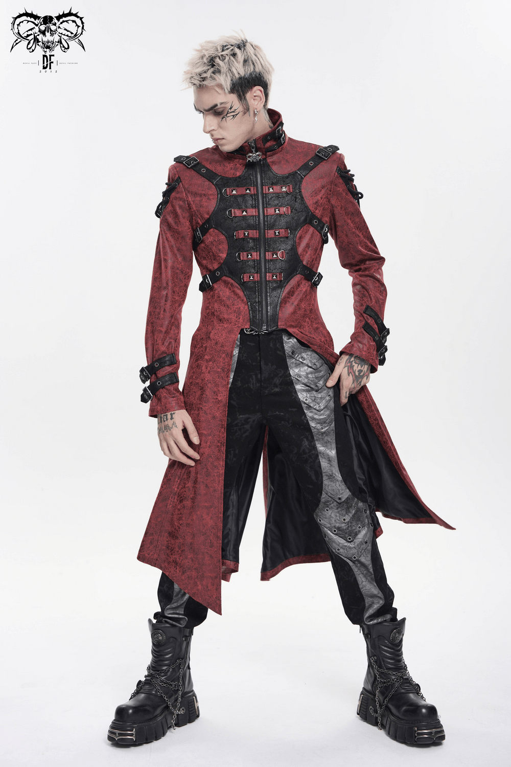 Goth Hooded Long Coat with Buckle Harness Details for Men worn by a model in a striking pose, showcasing its unique design.