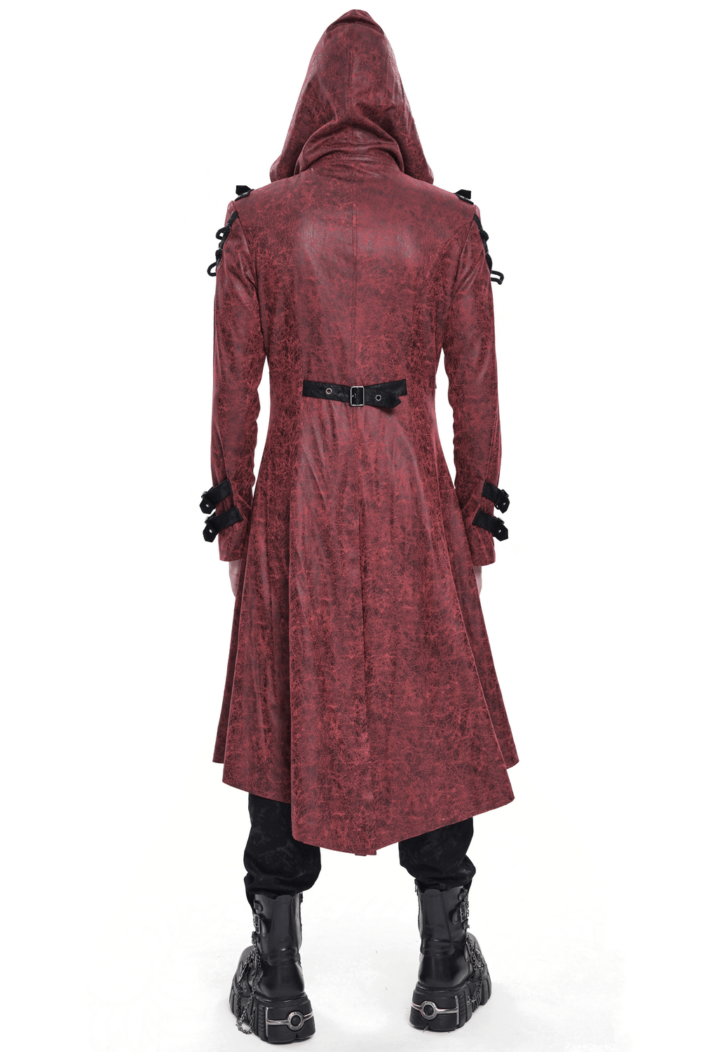 Goth Hooded Long Coat with Buckle Harness Details for Men, featuring a dramatic red design and striking back view.