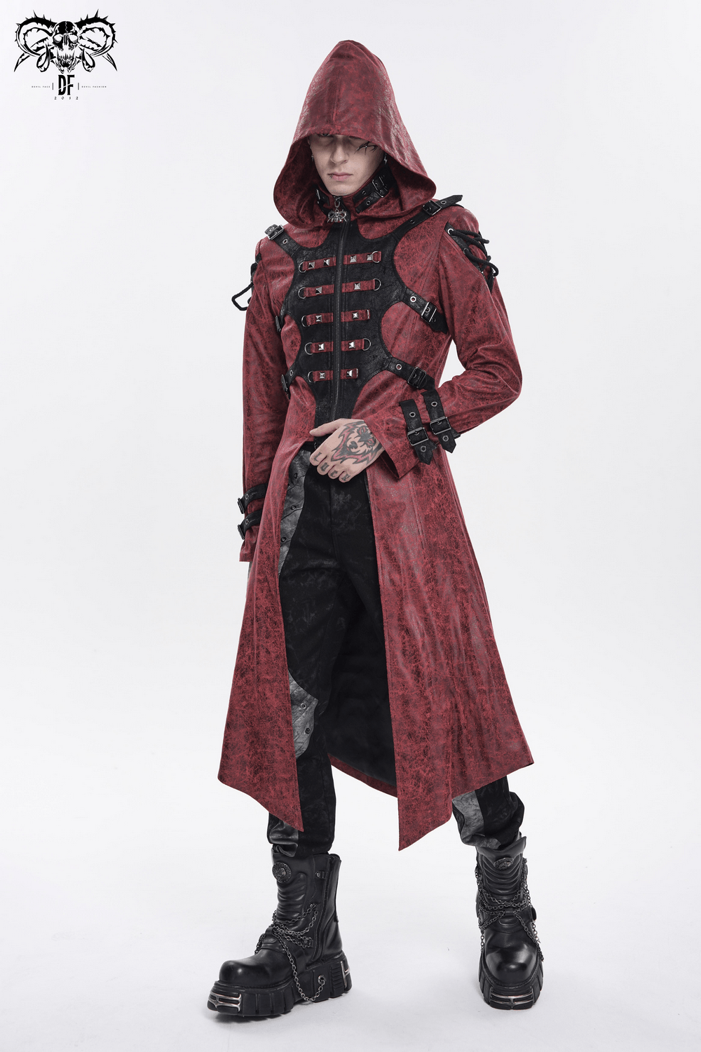Goth Hooded Long Coat with Buckle Harness Details for Men in a striking red design featuring a large hood and corset straps.