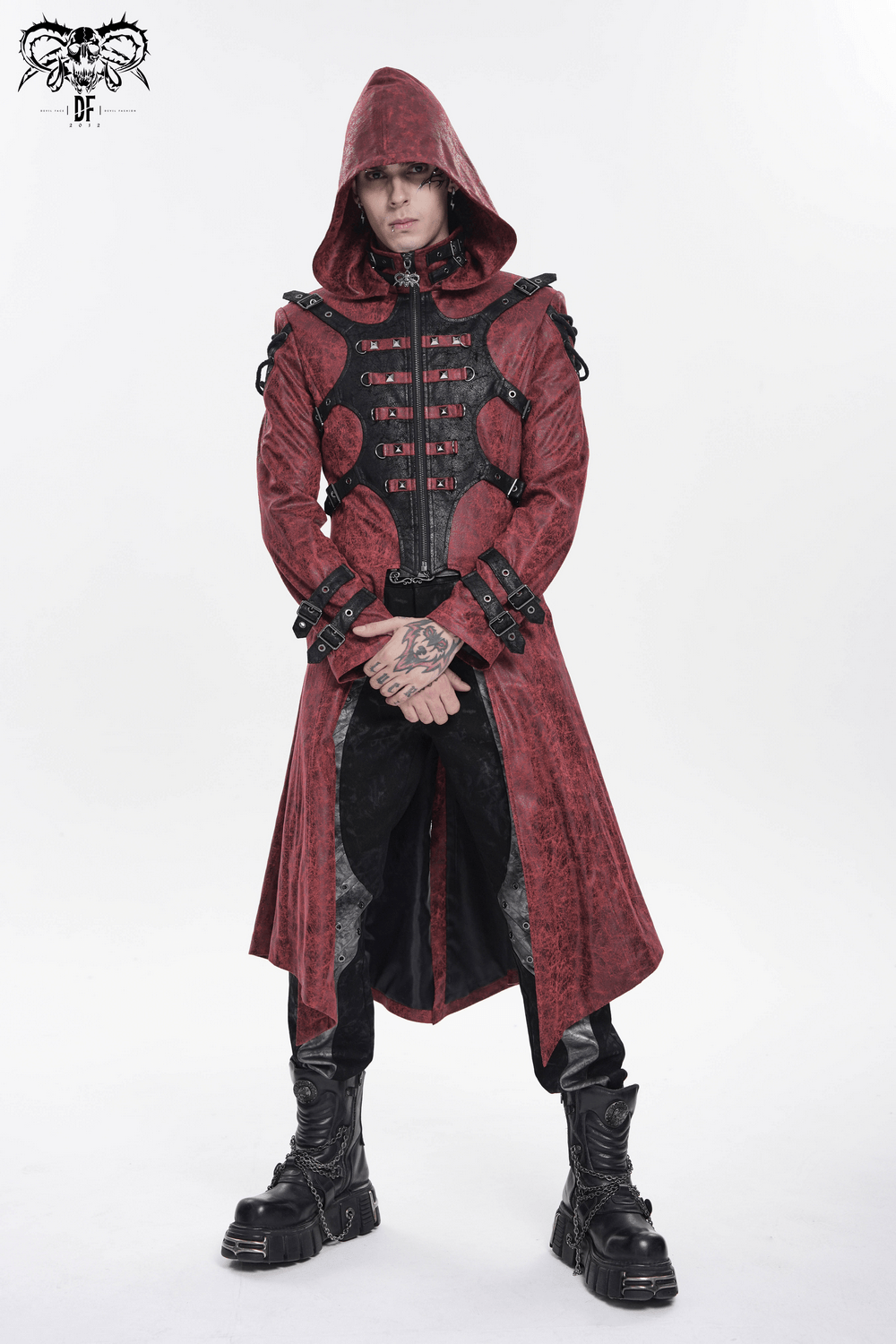 Goth Hooded Long Coat with Buckle Harness Details for Men worn by a model, featuring a striking red design and punk elements.