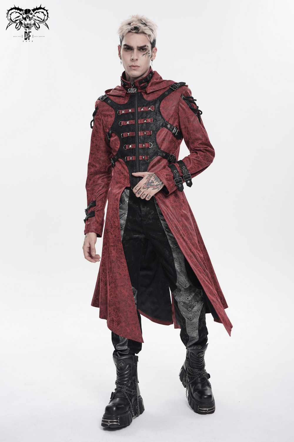 Goth Hooded Long Coat with Buckle Harness Details for Men, featuring gothic design, buckle straps, and dramatic hood.