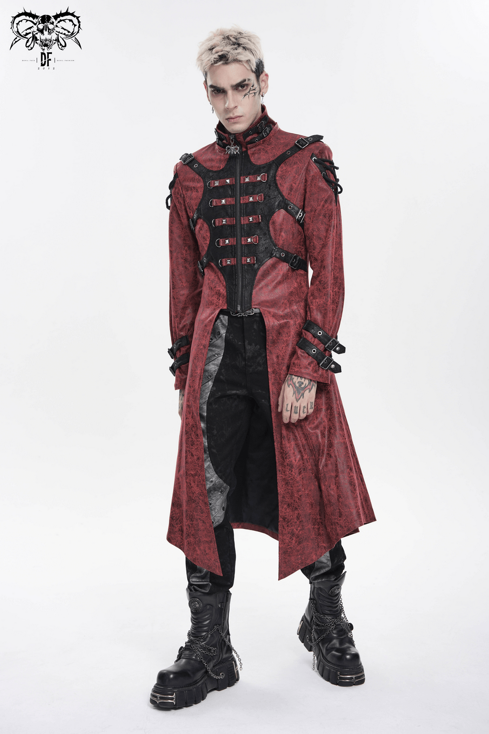 Goth Hooded Long Coat with Buckle Harness Details for Men displayed on a model, showcasing vampire punk style and dramatic design.