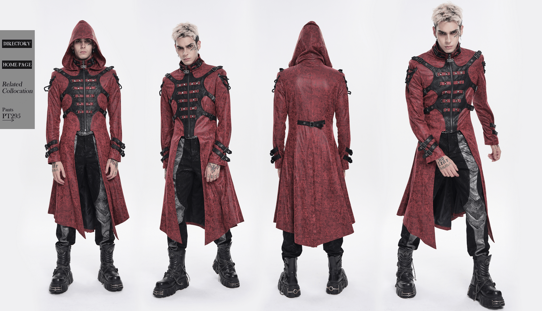 Goth Hooded Long Coat with Buckle Harness Details for Men showcased in a striking vampire punk style.
