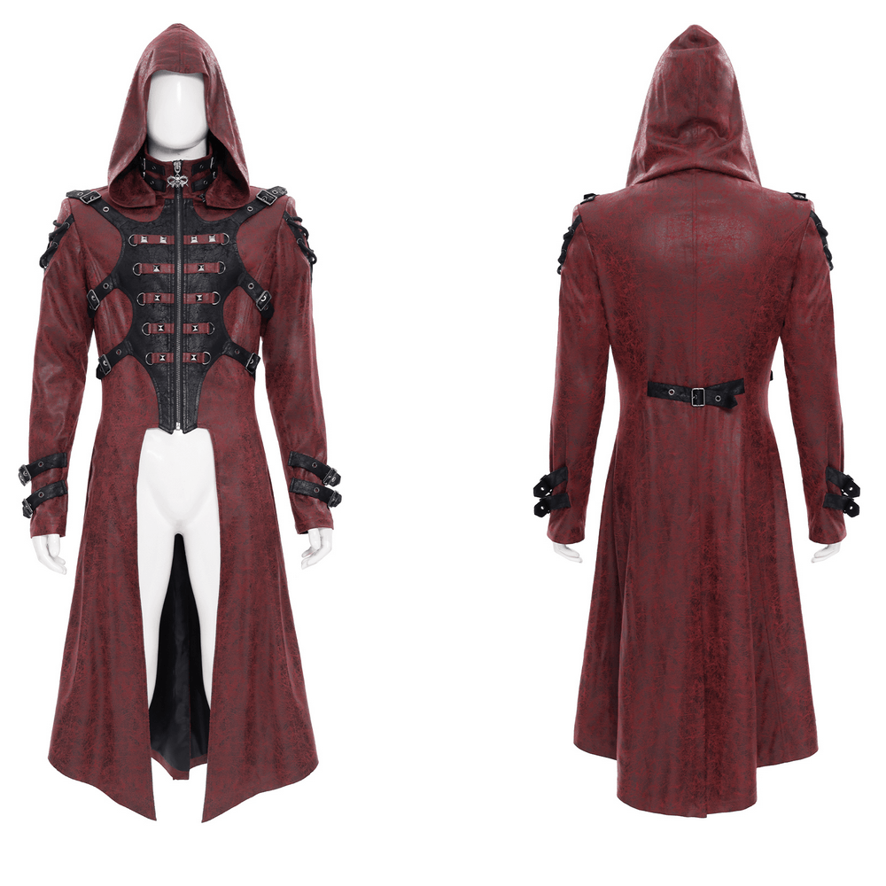 Goth Hooded Long Coat with Buckle Harness Details for Men, featuring a striking red design and distinctive corset strap detail.
