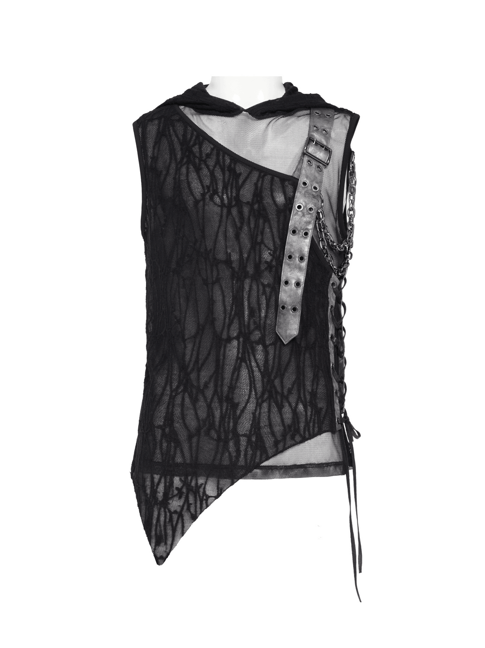 Goth Hooded Sleeveless Mesh Top with Chains and Buckle Strap showcasing lace detail and punk style fashion.