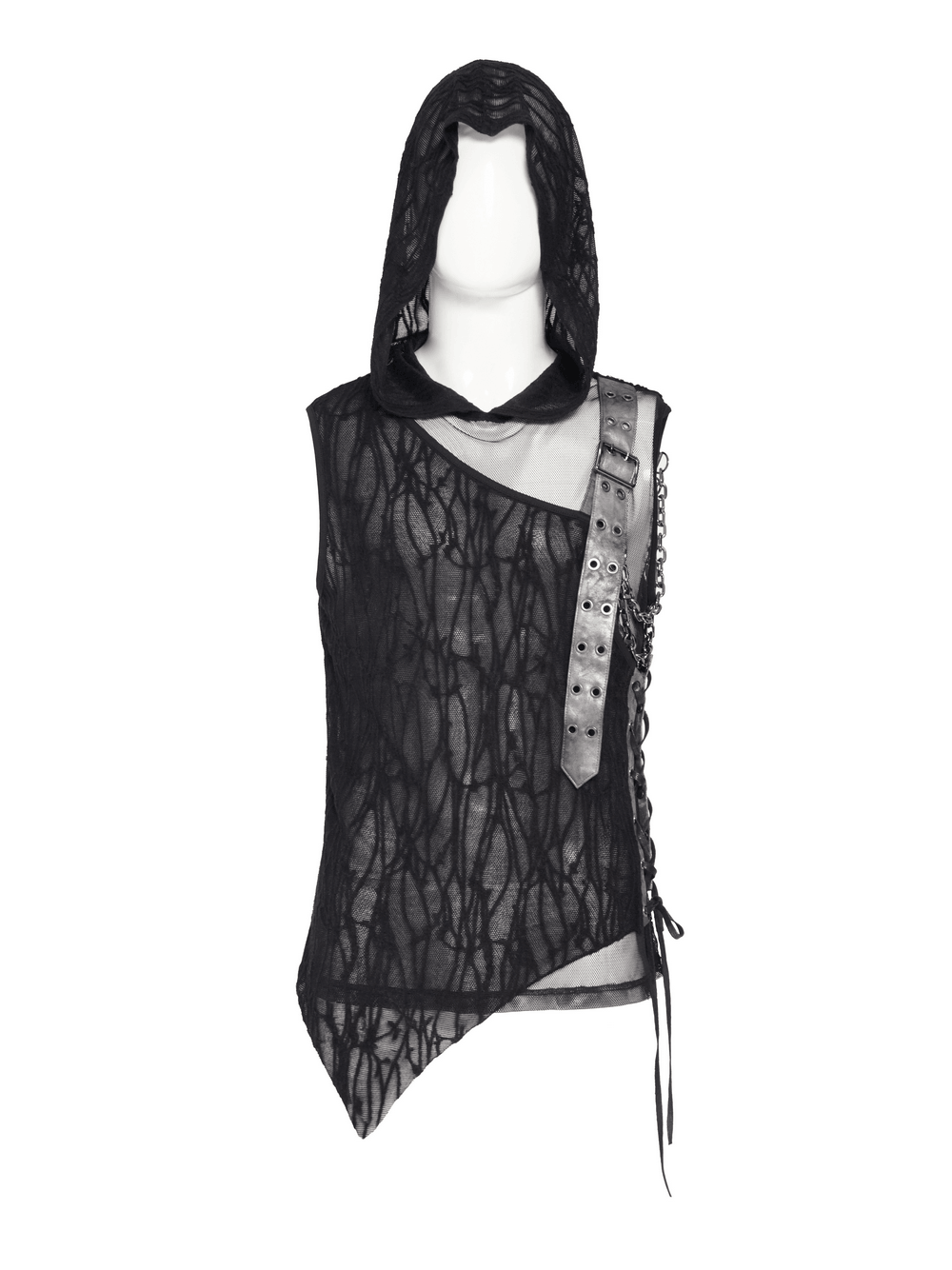 Goth Hooded Sleeveless Mesh Top with Chains and Buckle Strap displayed on a mannequin, showcasing its punk lace detail.