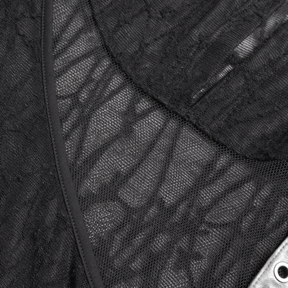 Close-up of the Goth Hooded Sleeveless Mesh Top with Chains and Buckle Strap showcasing sheer lace details and texture.