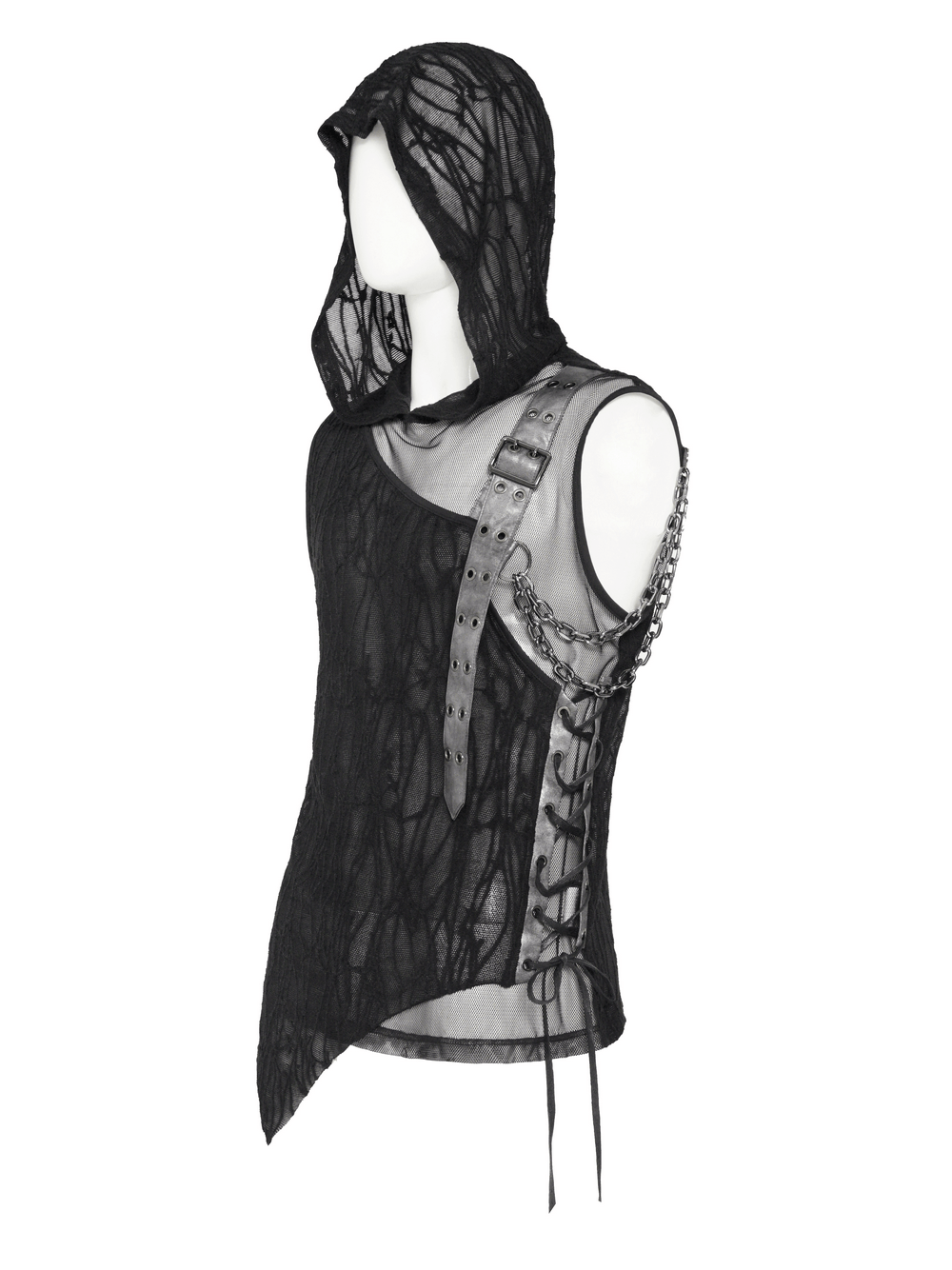 Goth Hooded Sleeveless Mesh Top with Chains and Buckle Strap featuring sheer lace design and punk details.