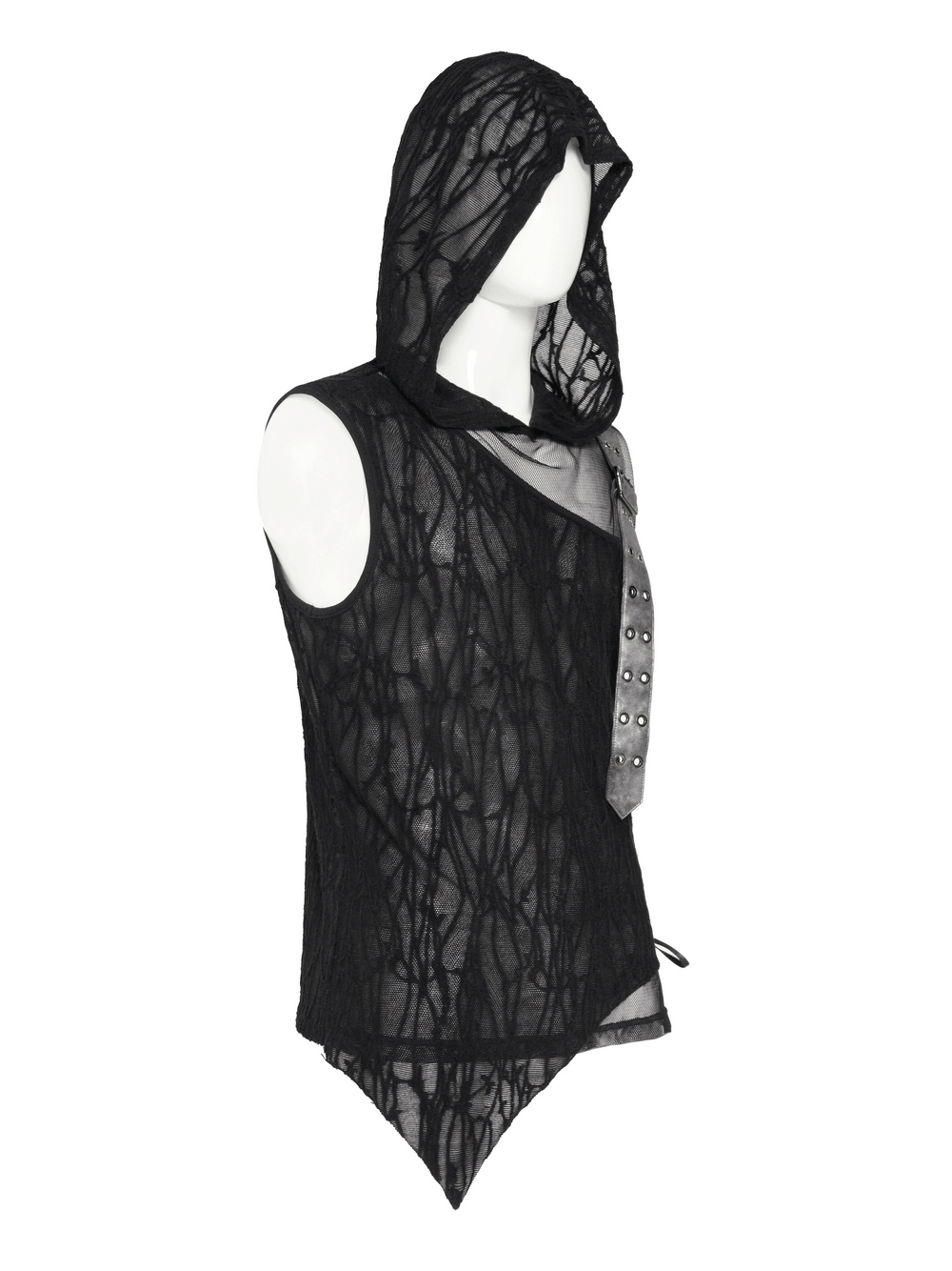 Goth Hooded Sleeveless Mesh Top with Chains and Buckle Strap featuring a sheer lace pattern and asymmetric hem.