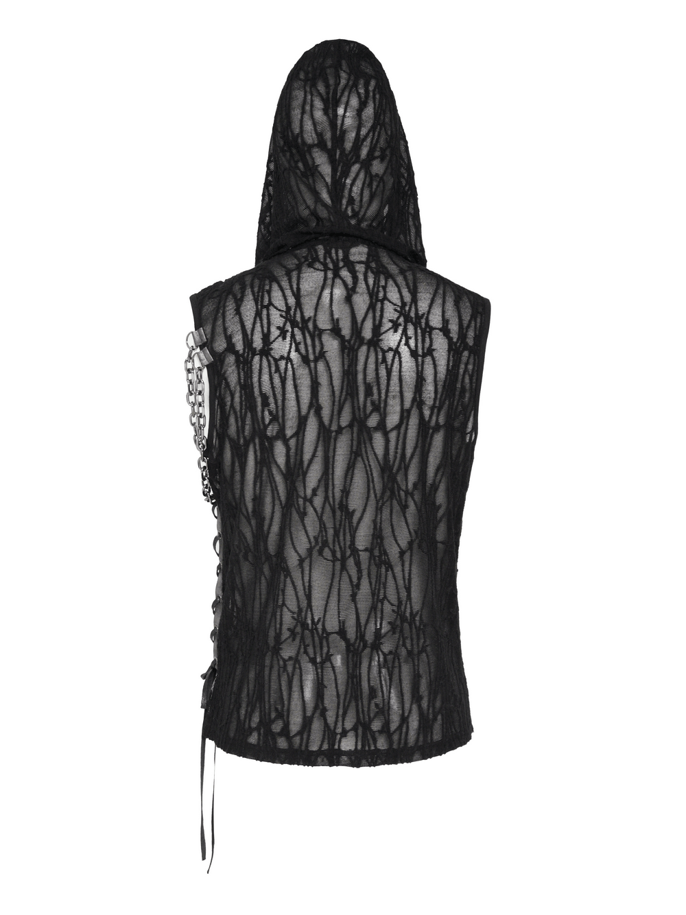 Back view of Goth Hooded Sleeveless Mesh Top with Chains and Buckle Strap showcasing sheer lace design and hood.