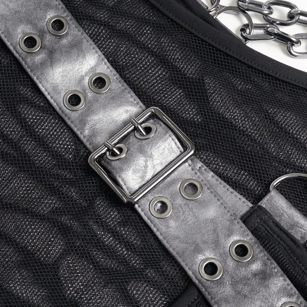 Close-up of Goth Hooded Sleeveless Mesh Top with Chains and Buckle Strap featuring buckles and mesh detail.