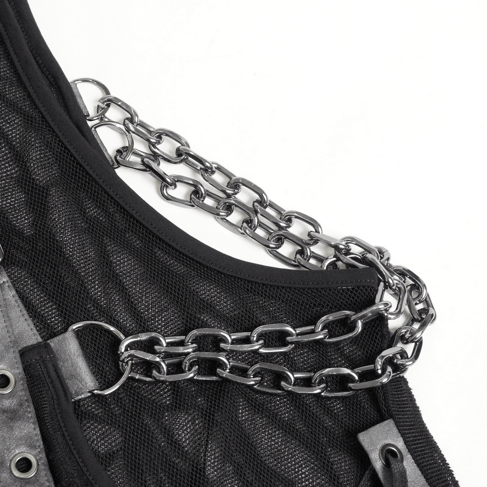 Goth Hooded Sleeveless Mesh Top with Chains and Buckle Strap showing detailed chain embellishments.