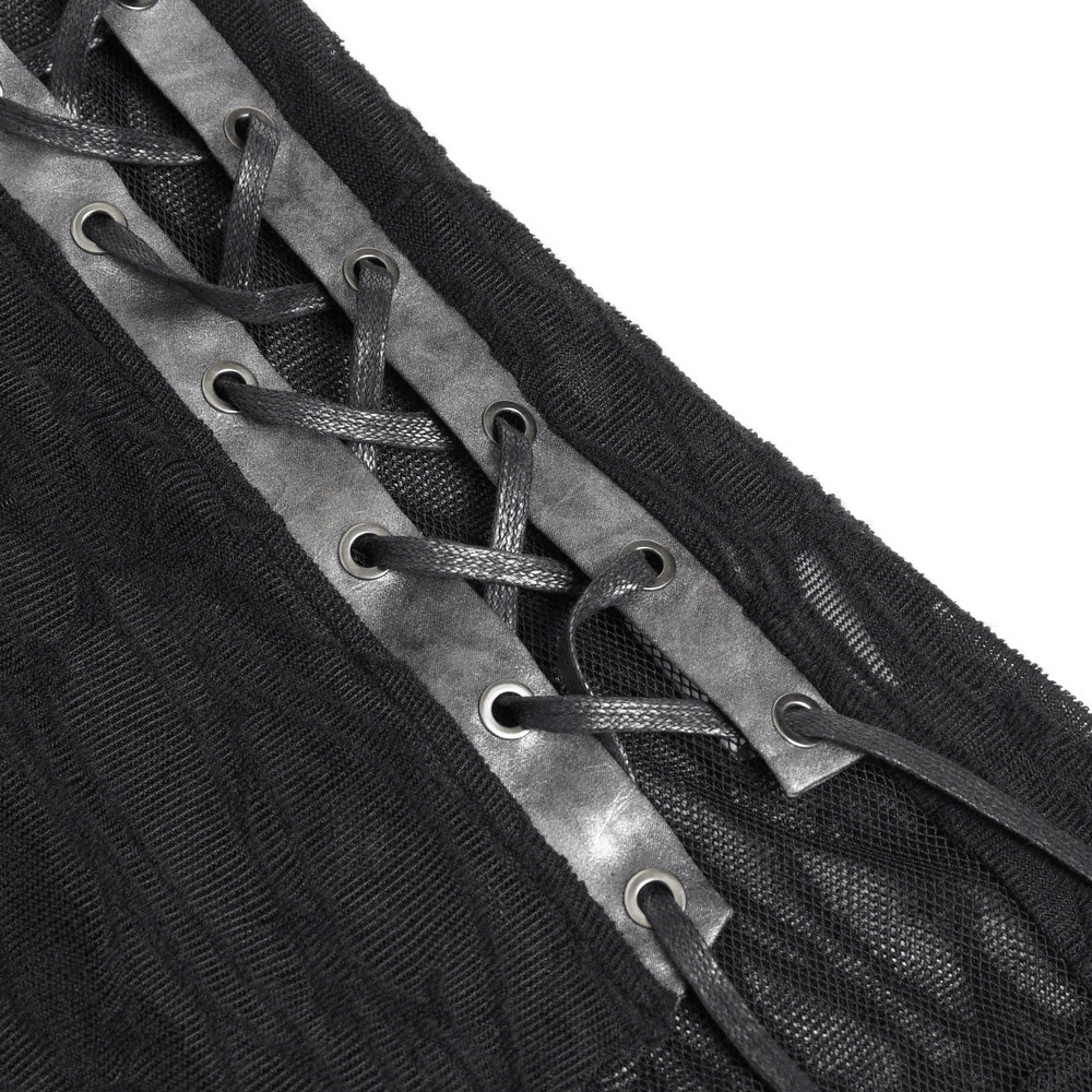 Close-up of the Goth Hooded Sleeveless Mesh Top with Chains and Buckle Strap showcasing intricate lace-up detail.