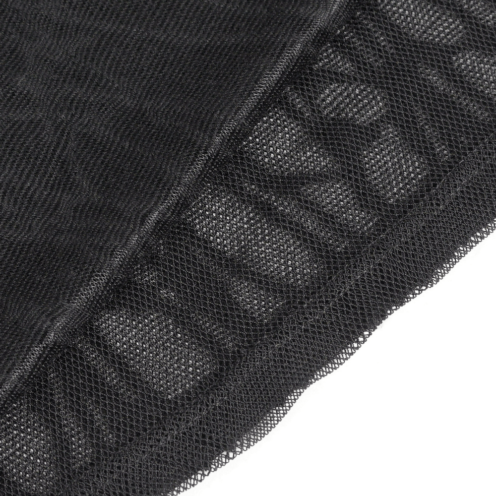 Detail of the lace hem on the Goth Hooded Sleeveless Mesh Top with Chains and Buckle Strap, showcasing sheer mesh and ruffles.
