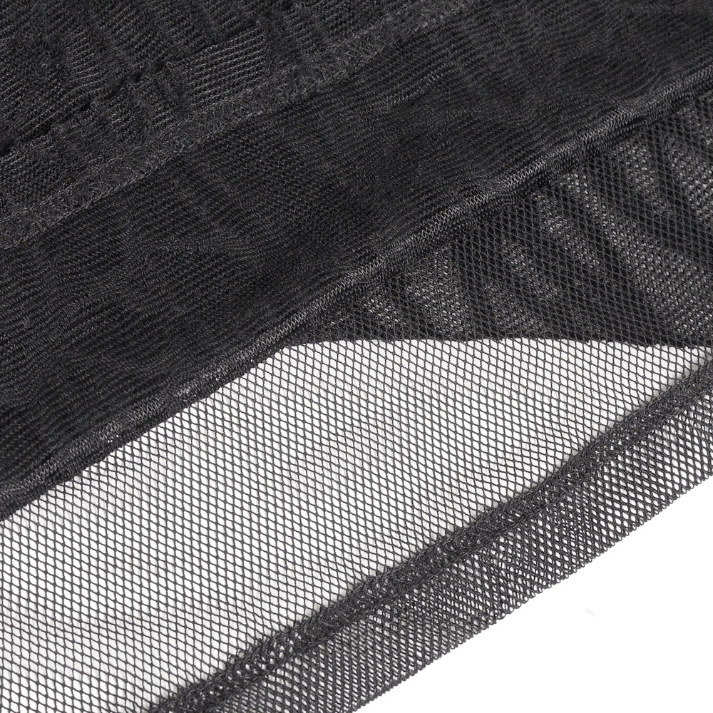 Close-up of sheer black mesh fabric, highlighting the design details of the Goth Hooded Sleeveless Mesh Top with Chains and Buckle Strap.