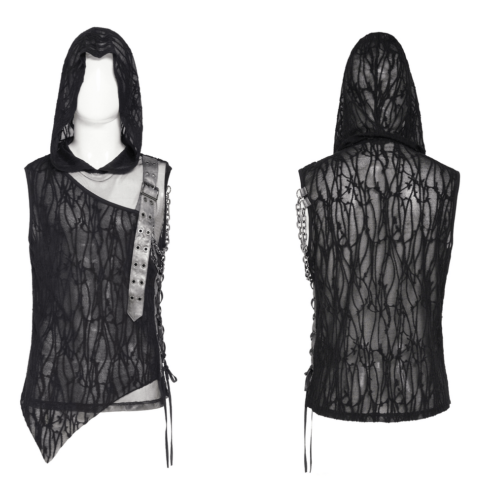 Goth Hooded Sleeveless Mesh Top with Chains and Buckle Strap featuring sheer lace, asymmetrical cut and punk details.