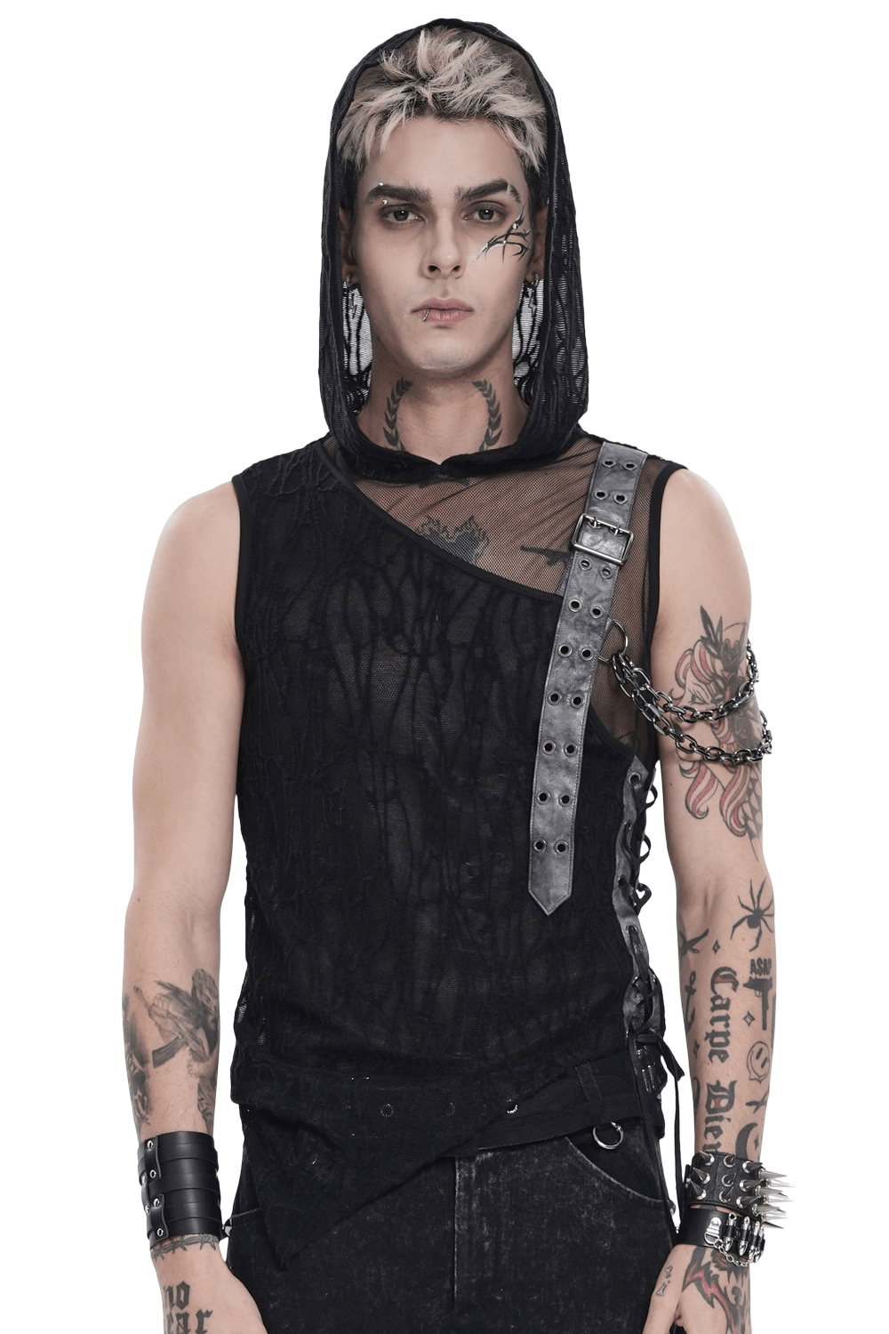 Goth Hooded Sleeveless Mesh Top with Chains and Buckle Strap showcasing a punk look with sheer lace and faux leather details.