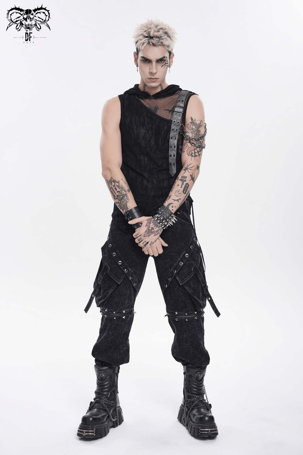 Goth Hooded Sleeveless Mesh Top with Chains and Buckle Strap, showcasing a tattooed model in a punk-inspired outfit.