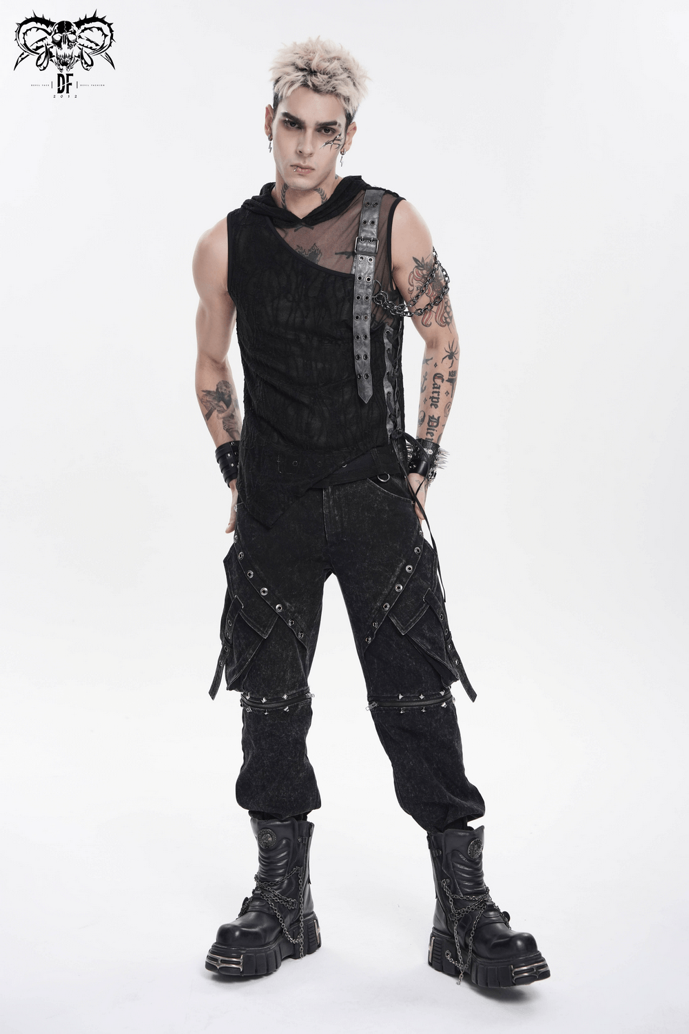 Goth Hooded Sleeveless Mesh Top with Chains and Buckle Strap showcased by a model in punk attire with edgy accessories.