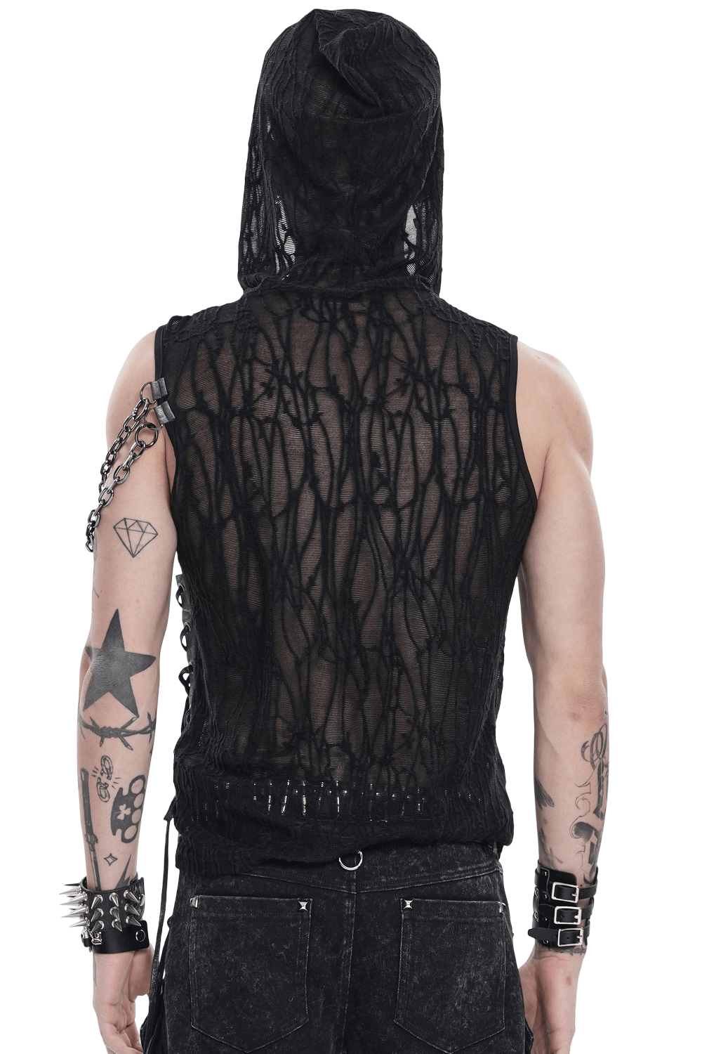 Back view of Goth Hooded Sleeveless Mesh Top with Chains and Buckle Strap showcasing lace and punk style.