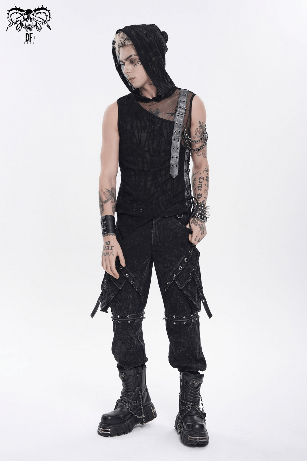 Goth Hooded Sleeveless Mesh Top with Chains and Buckle Strap showcased by a model in punk attire, emphasizing raw style.