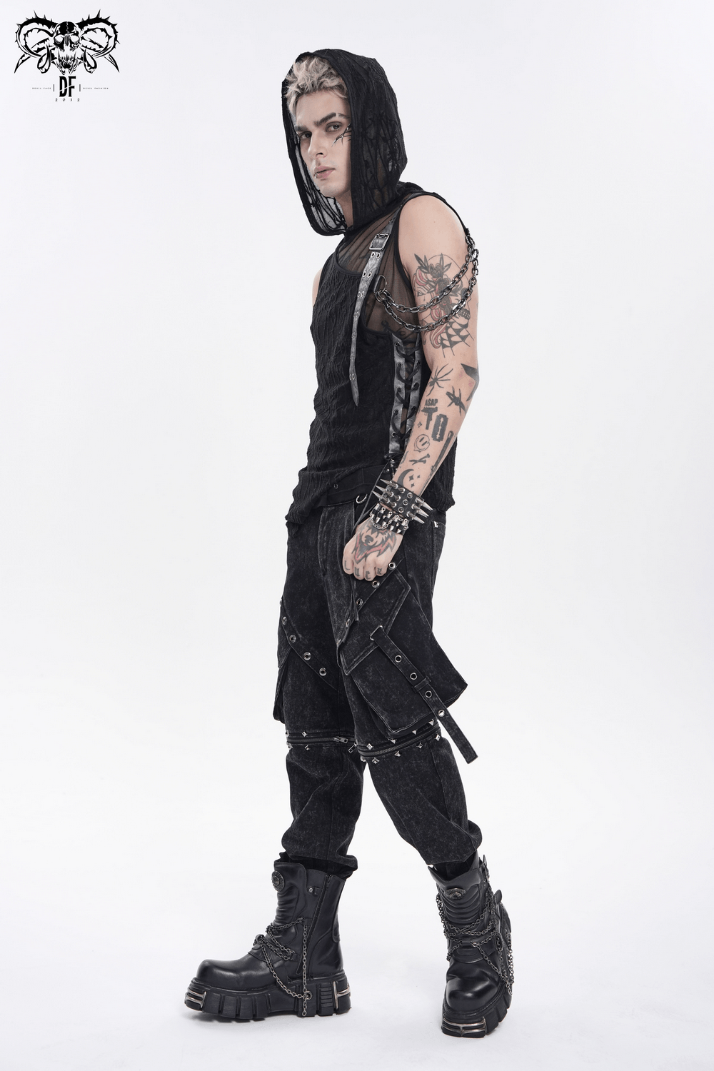 Goth Hooded Sleeveless Mesh Top with Chains and Buckle Strap showcased on a model with tattoos and punk style.