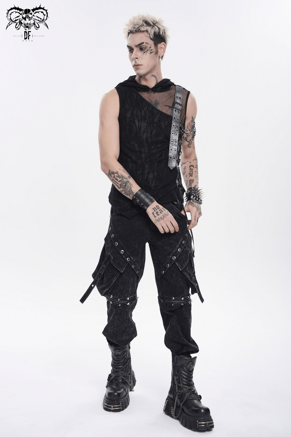 Goth Hooded Sleeveless Mesh Top with Chains and Buckle Strap styled with punk accessories and dark streetwear.