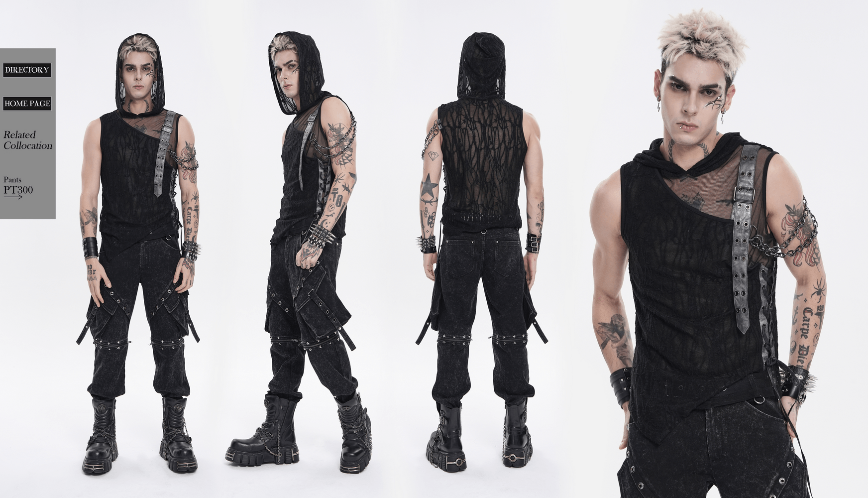 Goth Hooded Sleeveless Mesh Top with Chains and Buckle Strap showcased by a stylish model in punk attire.