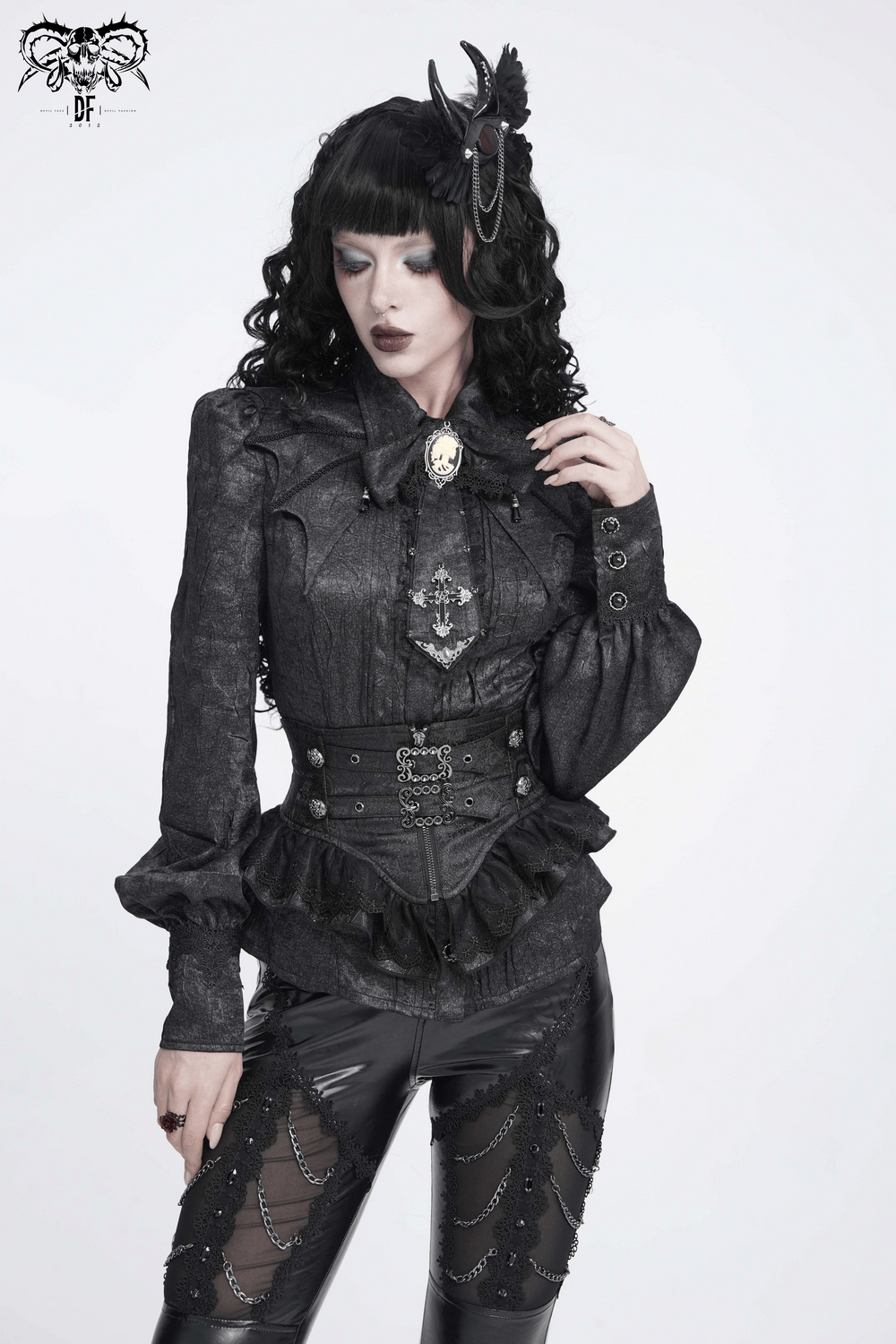 Goth Horn and Feather Brooch with Chain Accents worn by model in gothic fashion attire with dark accessories.