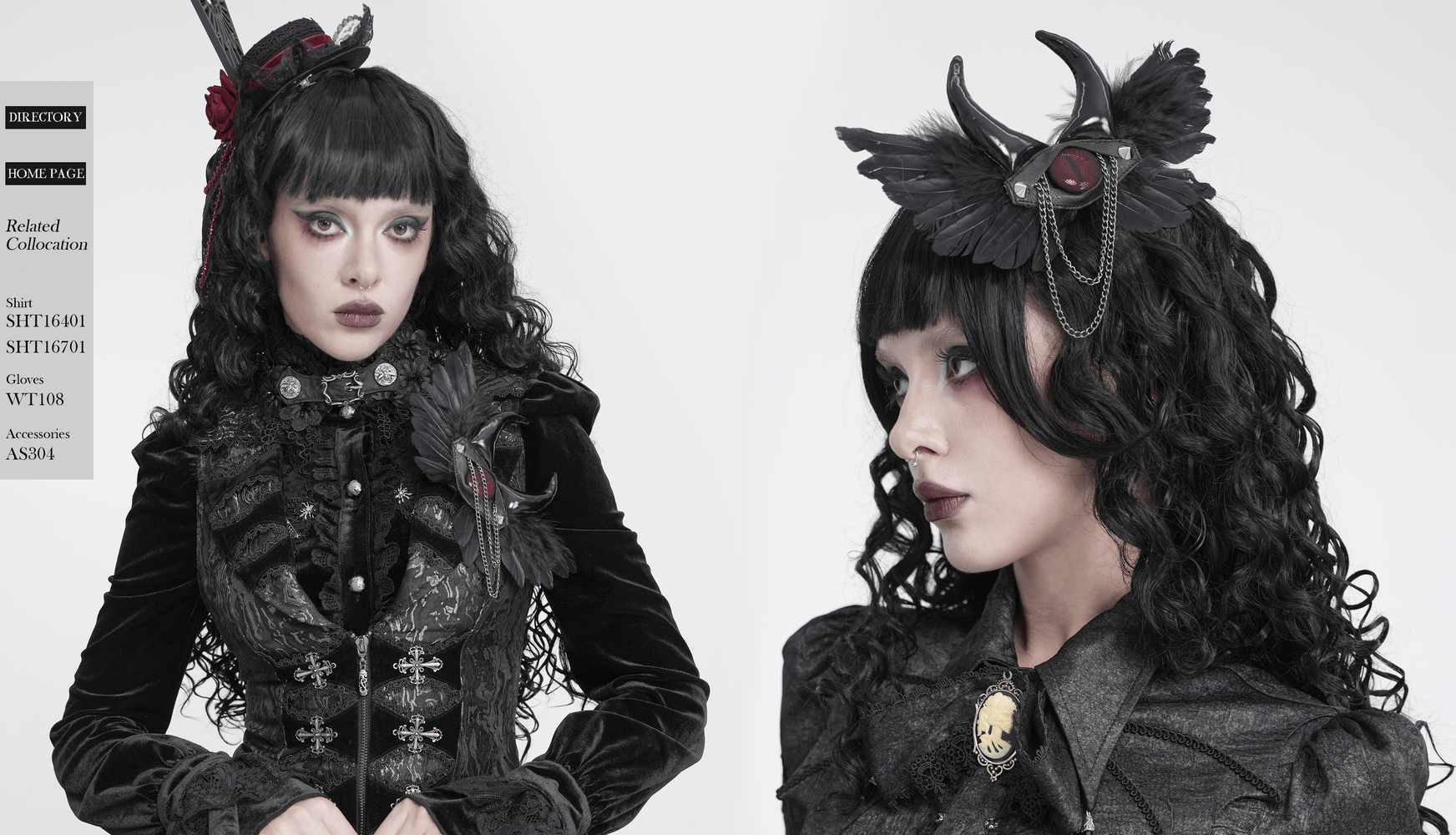 Goth Horn and Feather Brooch with Chain Accents worn by a model showcasing dark fantasy style.
