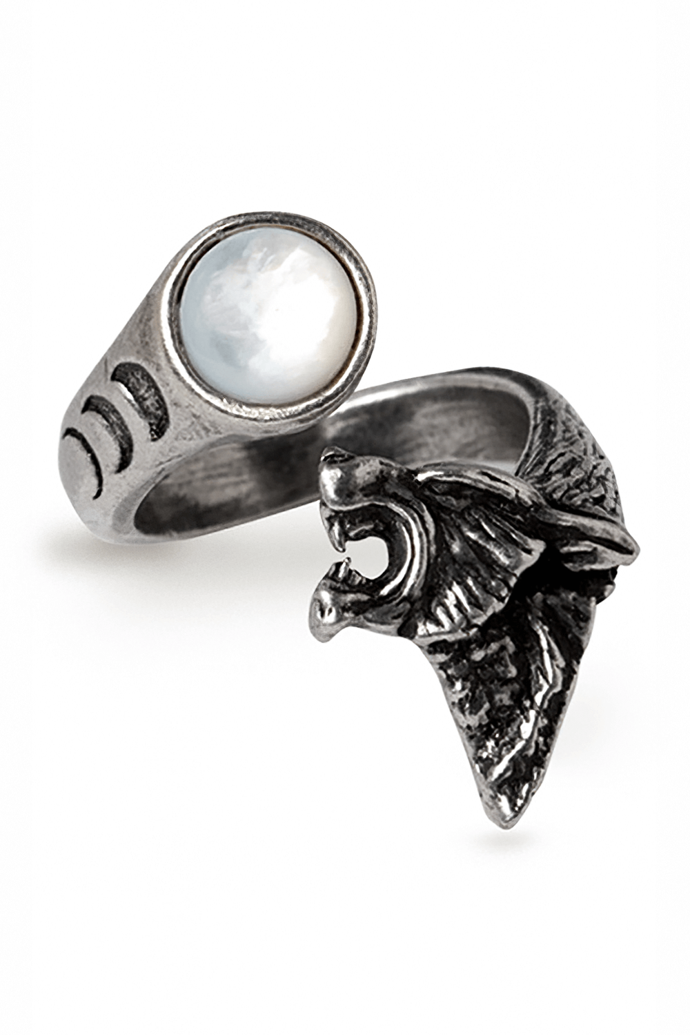 Gothic wolf ring with moon cabochon, featuring intricate wolf design and moon phases in fine antiqued pewter.