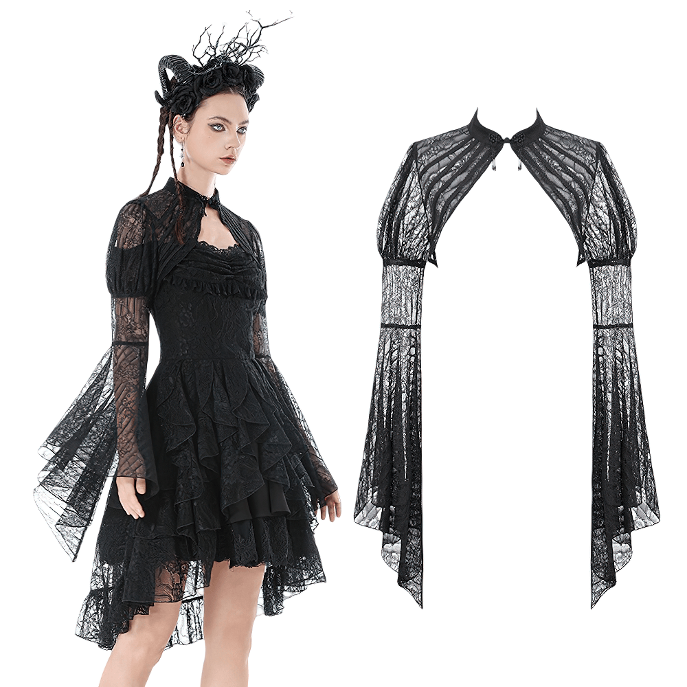 Goth Lace Bolero Shrug with Dramatic Long Bell Sleeves worn over a gothic dress showcasing sheer lace and dramatic long sleeves.