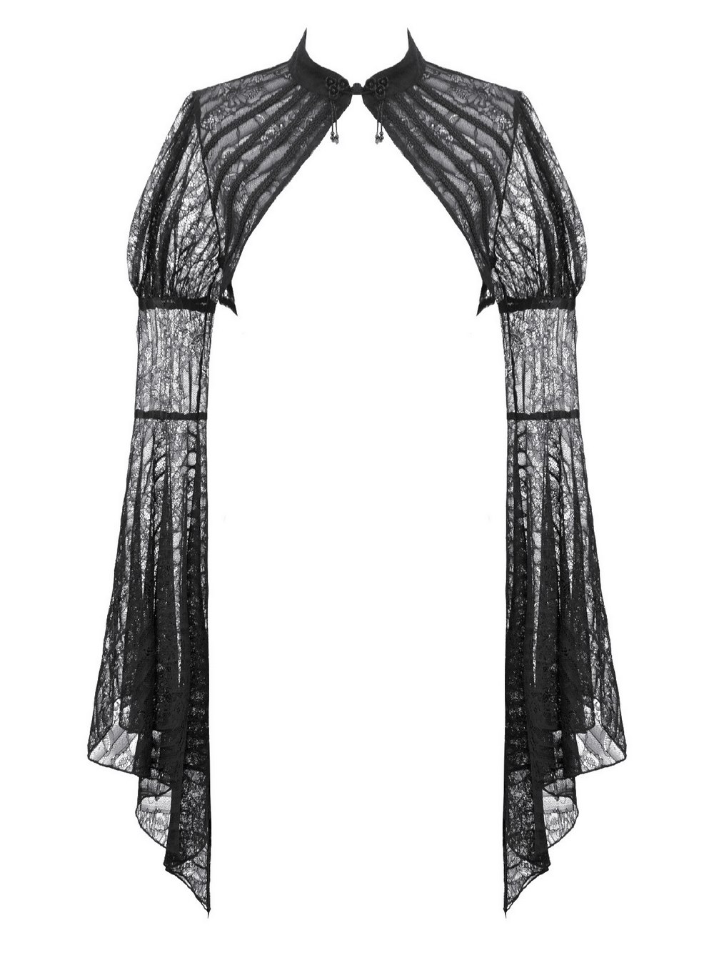 Goth Lace Bolero Shrug with Dramatic Long Bell Sleeves showcasing sheer floral lace and dramatic bell sleeves.