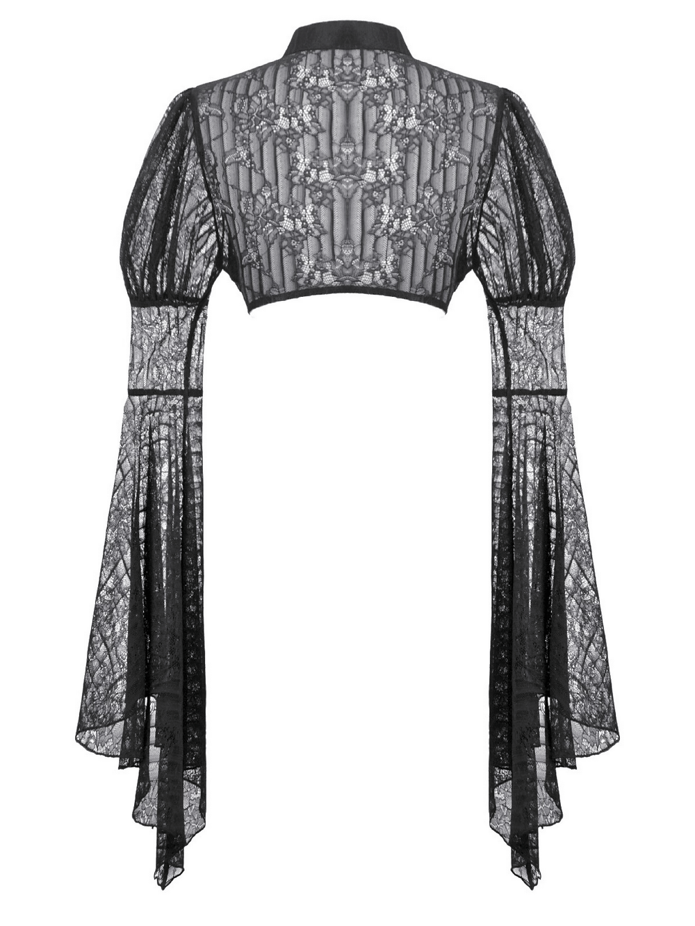 Goth Lace Bolero Shrug with Dramatic Long Bell Sleeves showcasing sheer floral lace and bell sleeves.