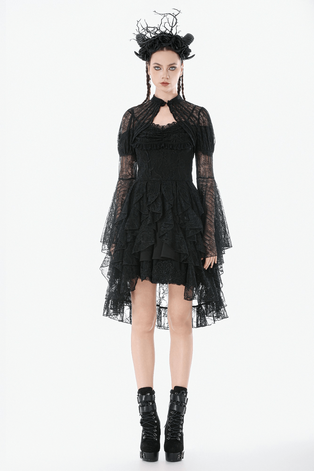 Goth Lace Bolero Shrug with Dramatic Long Bell Sleeves paired with a ruffled black dress and striking black accessories.