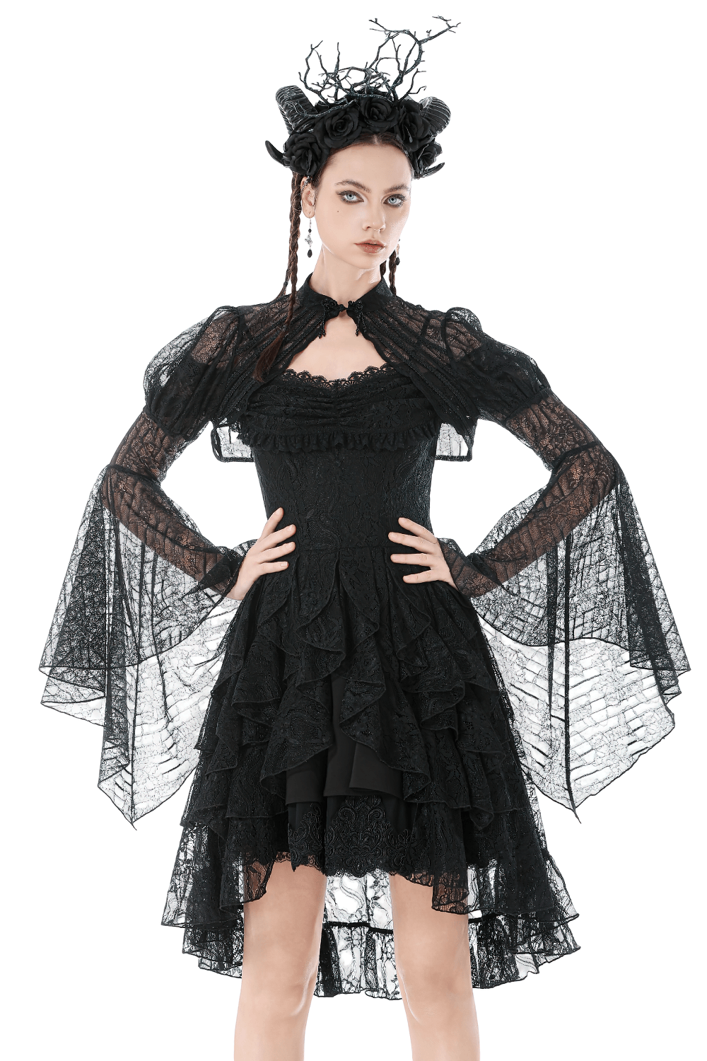 Goth Lace Bolero Shrug with Dramatic Long Bell Sleeves, showcasing sheer lace and dramatic design.