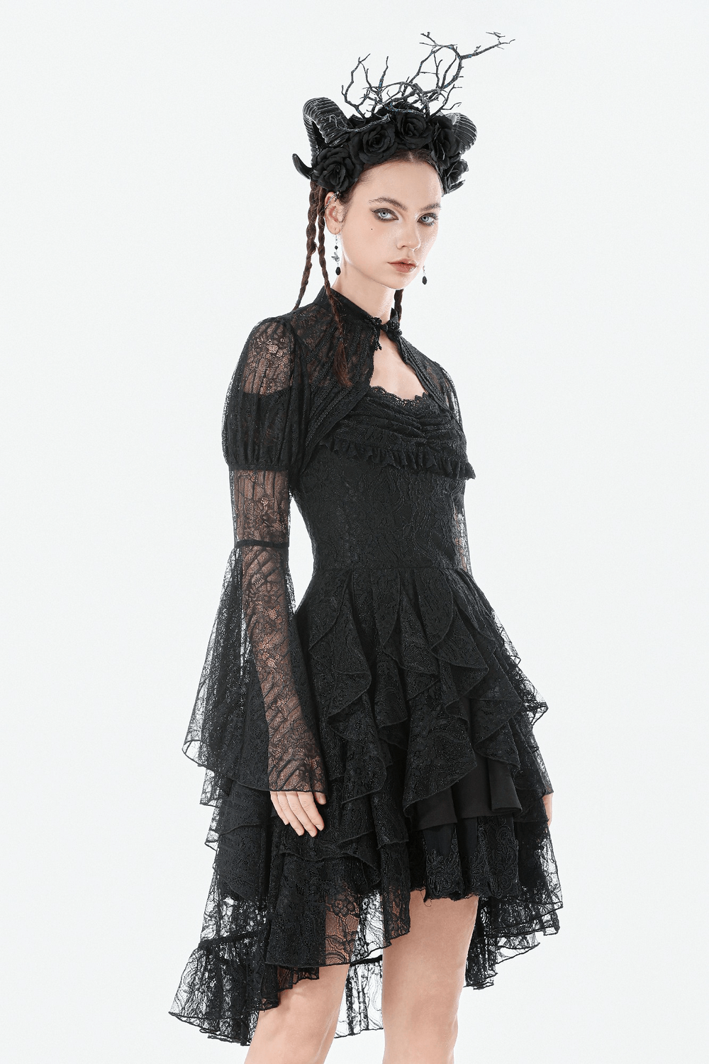 Goth Lace Bolero Shrug with Dramatic Long Bell Sleeves paired with a gothic dress for a dark romantic look.