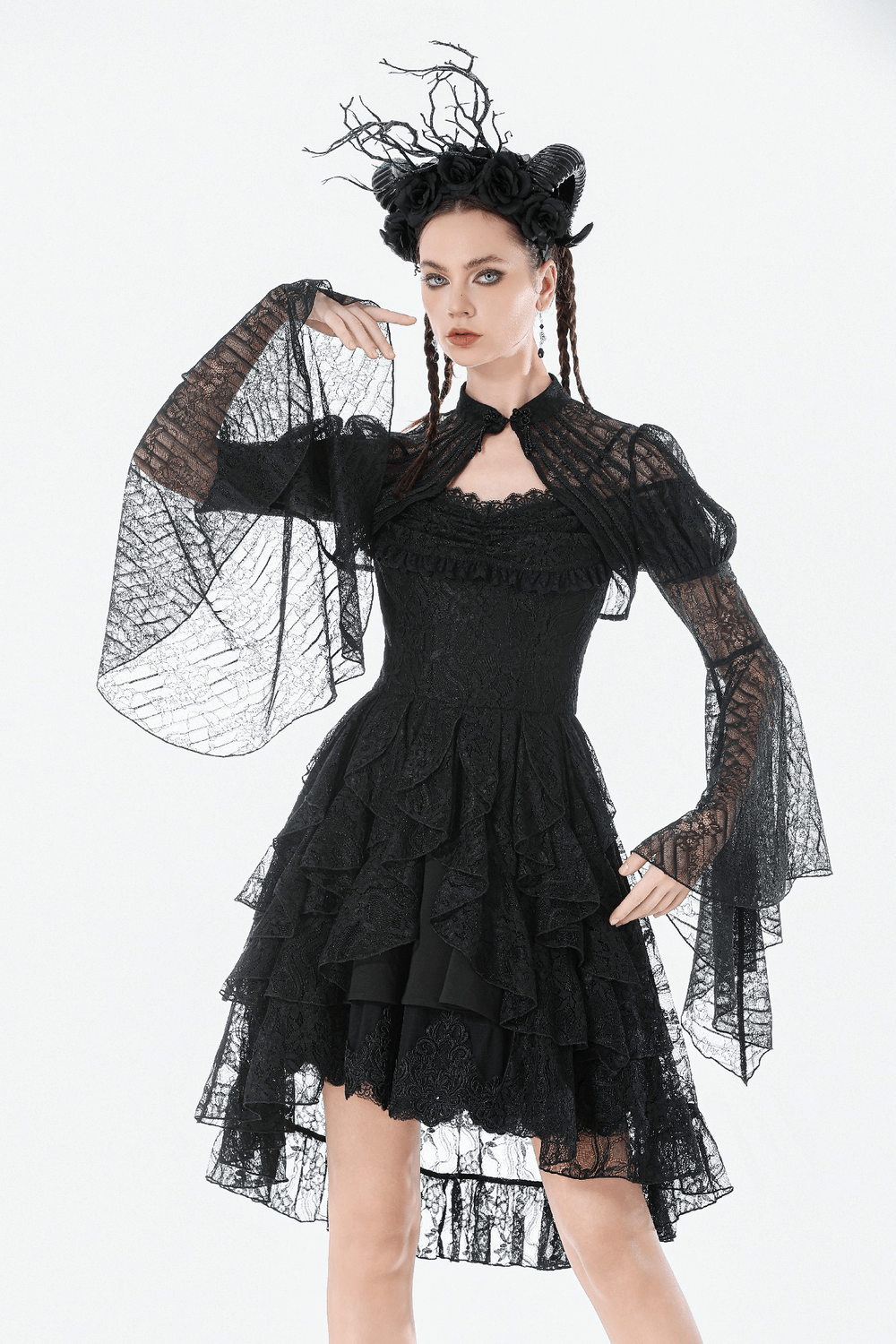 Goth Lace Bolero Shrug with Dramatic Long Bell Sleeves styled with ruffled black dress and gothic accessories.