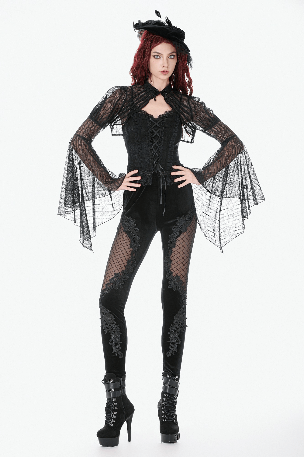 Goth Lace Bolero Shrug with Dramatic Long Bell Sleeves worn with lace-up top and fitted pants, creating a dark romantic look.