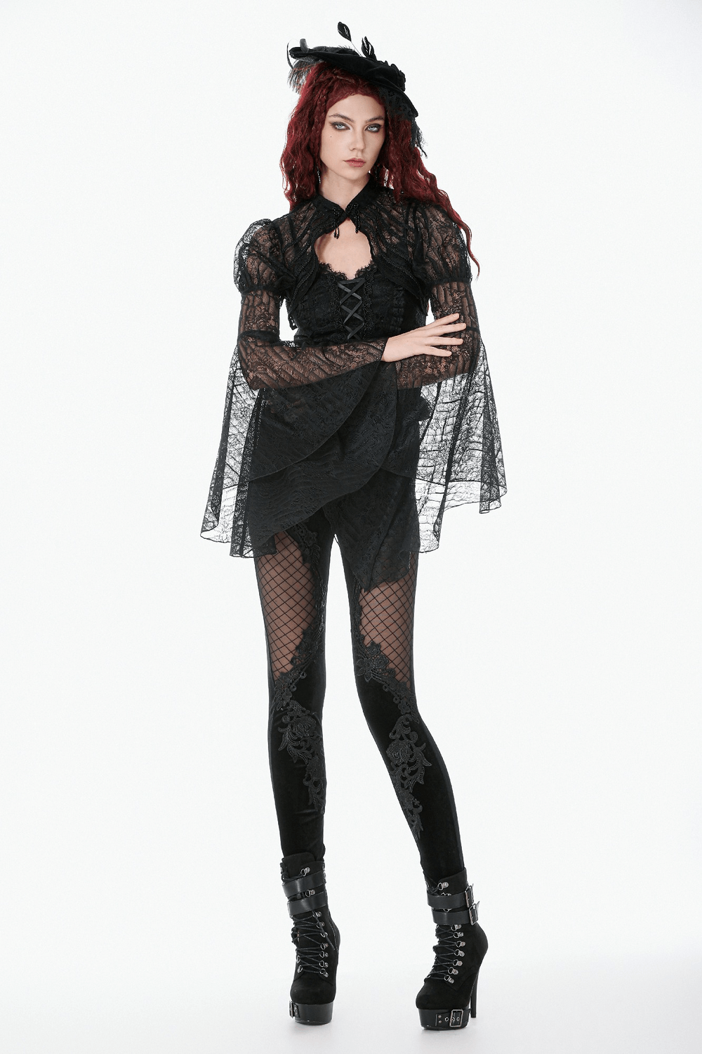 Goth Lace Bolero Shrug with Dramatic Long Bell Sleeves worn by a model, showcasing a gothic style with dramatic bell sleeves.